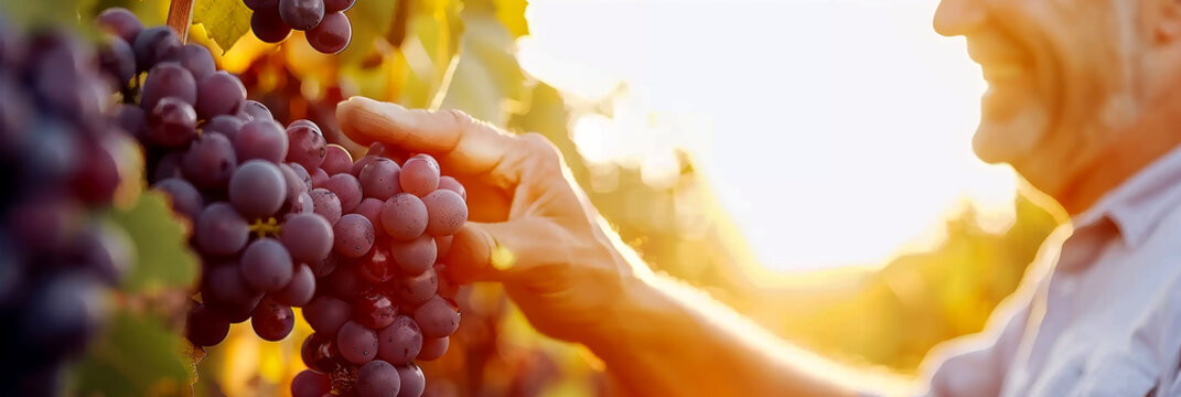 A winemaker smiles as he touches a bunch of grapes. AI generative.