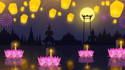 Obraz premium Loy krathong festival in Thailand decorated with flowers, candle, lanna lanterns and fireworks at moonnight banner design blue background, eps 01 vector illustration.