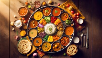 a colorful Indian thali, with various dishes like dal, curry, rice, and naan arranged in a circular pattern.
