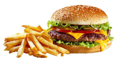 A large, delicious hamburger with french potato fries isolated in a transparent background. Cut out or PNG. 