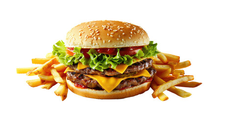 A large, delicious hamburger with french potato fries isolated in a transparent background. Cut out or PNG. 