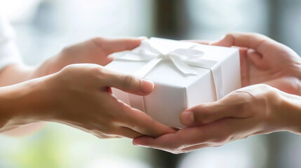 Close-up photo of people's hands exchanging gift boxes on anniversary, Generative AI
