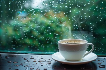 Cozy Rainy Day: A Steaming Cup of Coffee on a Saucer, Offering Solace and Comfort Beside a Drizzled Window Pane.
