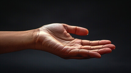 An image of an empty left hand in a gesture of giving, demanding, or letting. It can be used to convey various emotions and intentions in communication.