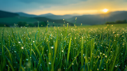 Obraz premium Close up of green grass at sunrise