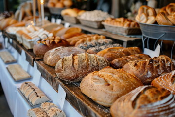 many bread on long table, Celebration, luxury food