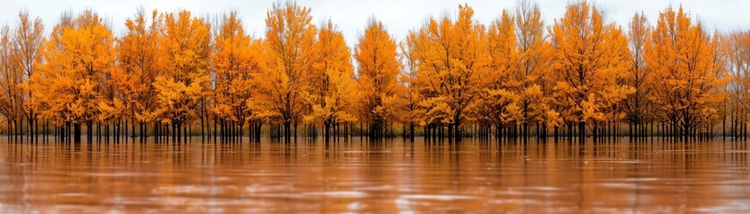 Reflections of autumncolored trees in floodwaters, seasonal beauty, flood, nature, focus cover all  object, deep depth of field, no blur,