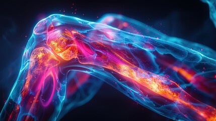 Digital art of knee pain, focusing on the vibrant color contrast between healthy.
