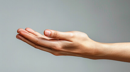 An image of an empty left hand in a gesture of giving or demanding, conveying communication and non-verbal expression. It can be used for concepts related to support, assistance, and interaction.