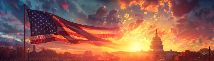 American Flag at Sunrise with Capitol Building and Dramatic Sky