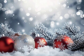 Christmas Card - Baubles On- Snow With Snowy Fir Branches