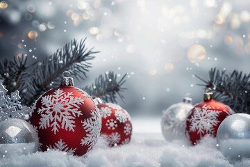 Christmas Card - Baubles On- Snow With Snowy Fir Branches