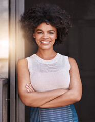 Woman, portrait and waitress or confident for cafe, happy and smile in doorway with service staff in coffee shop. Hospitality, food industry and small business or startup, apron and crossed arms