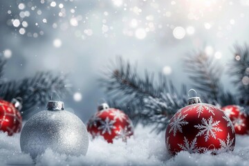 Christmas Card - Baubles On- Snow With Snowy Fir Branches