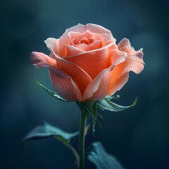 Dew-Kissed Rose: A single, delicate peach rose stands tall against a moody blue-green backdrop, its petals adorned with shimmering dewdrops, capturing the essence of beauty and fragility. 