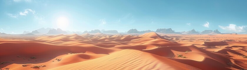 Fototapeta premium Expansive Desert Landscape with Rolling Sand Dunes and Distant Mountains