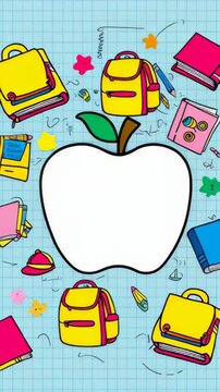 Back to school copy space blank apple in the middle and various colorful school supplies like backpacks, books, pencils against blue grid paper background. Welcome back to schoo