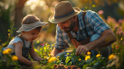 Cute little boy and his handsome father are gardening together in the garden.	
