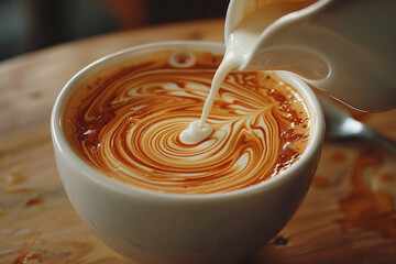 coffee making process ,adding Milk or Cream in coffee, a close-up shot of milk or cream being poured into a cup of coffee