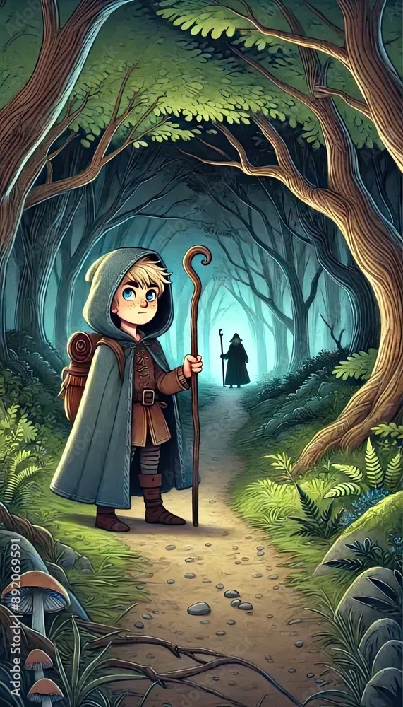 Poster a man with a staff in a forest