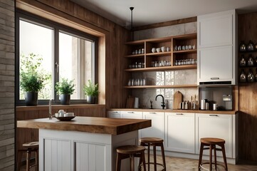 Home kitchen interior with bar counter, cabinet and window. Mock up wal.