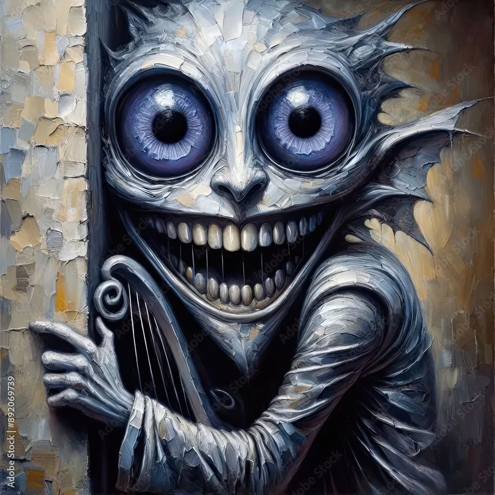 Canvas Prints a painting of a creepy looking creature holding a harp