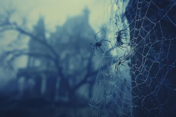 A spider sits in a web, a spooky house in the background.