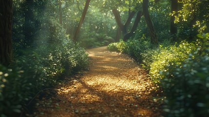 Obraz premium A sunlit path winds through a lush green forest, dappled sunlight filtering through the trees.