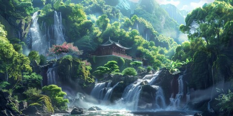 Obraz premium Anime-Inspired Hidden Paradise: A Serene Animated Waterfall Haven Amidst Lush Greenery, a Secret Gem of Nature's Artistry.