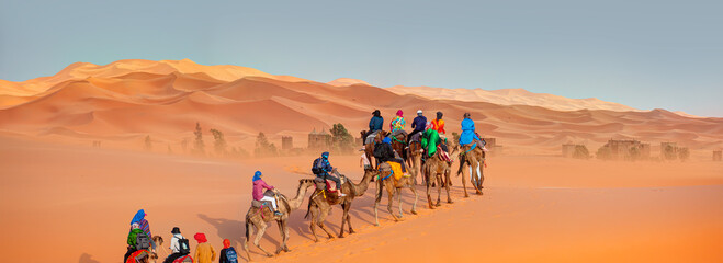 General view of the Merzouga hotels district - Merzouga, Sahara, Morocco 