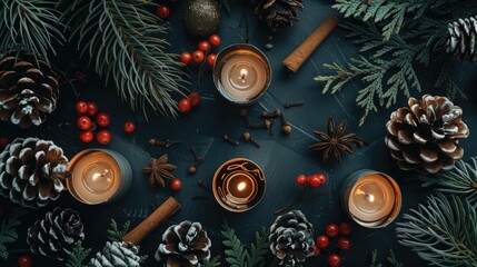 Christmas themed dark background with candles mountain ash berries white pine cones and acorns along with cinnamon and string all seen from above