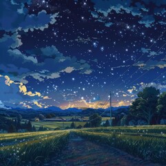 Starry Animation Skies: A Whimsical Illustration of the Night Sky Over a Field, Filled with Playful Constellations and Cosmic Wonder.