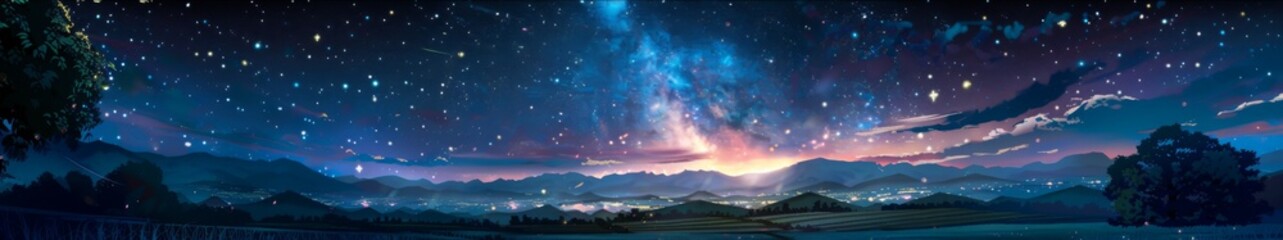 Obraz premium Starry Animation Skies: A Whimsical Illustration of the Night Sky Over a Field, Filled with Playful Constellations and Cosmic Wonder.