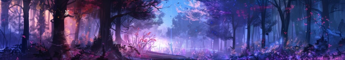 Enchanted Twilight Anime Forest: A Mystical Anime-Themed Woodscape at Dusk, Inviting Exploration and Wonder.