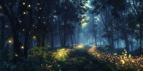 Obraz premium Enchanted Twilight Anime Forest: A Mystical Anime-Themed Woodscape at Dusk, Inviting Exploration and Wonder.