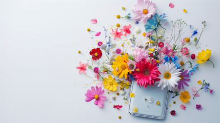 Various colorful spring flowers exploded from open wallet against white background. Creative minimal concept 