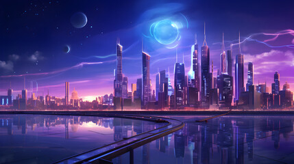 Fototapeta premium Futuristic Metropolis: A Dusk Cityscape in CG Motion Graphics