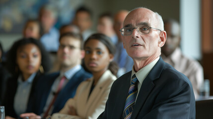 Senior Executive Leading a Corporate Meeting with Attentive Employees in a Professional Business Setting