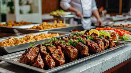 Naklejka premium Delectable Buffet Spread: A tantalizing array of roasted meats, fresh vegetables, and savory dishes adorn a buffet table, catering to diverse palates and promising a culinary feast. 