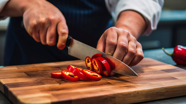 Slicing Heat: Chef's Precision with Fiery Chili Peppers 