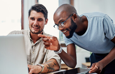 Business men, laptop and web design help in teamwork, collaboration and app development review....