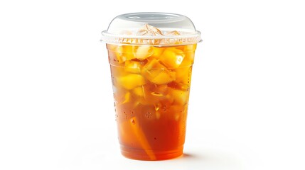 Clear plastic cup filled with Iced Fruit Tea and a lid, isolated white background, studio light for focused advertising