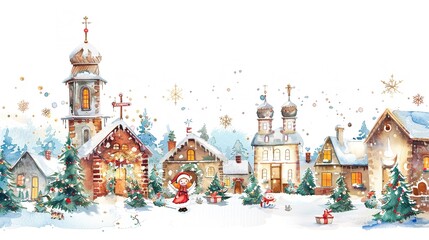 Obraz premium watercolor winter christmas card with houses, trees and lanterns