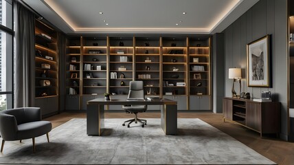 Gray CEO office interior with bookcase.
