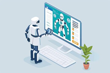 Robot interacts with AI software on a computer, showcasing advanced robotics and artificial intelligence in a modern setting.