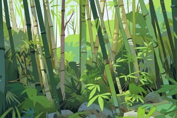 Serene Bamboo Grove: A Tranquil Illustration of Nature's Elegance, With Lush Green Bamboo Stems Creating a Peaceful Backdrop for Contemplation and Inspiration.