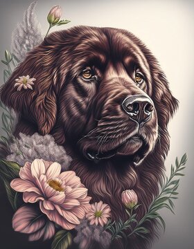 Portrait of a beautifull brown newfoundlander dog with flowers on a neutral white background 