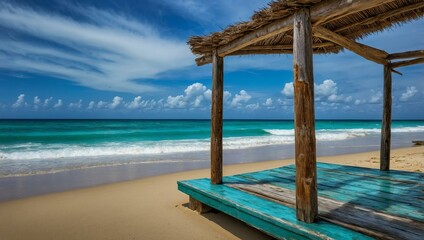 A serene beach with crystal clear turquoise waters and gentle waves. Generative AI.