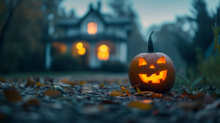 Halloween background with Evil Pumpkin. Spooky scary dark Night, blur hunted house in background 