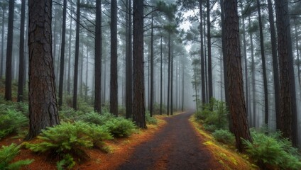 Fototapeta premium A foggy morning in a dense pine forest with a narrow path